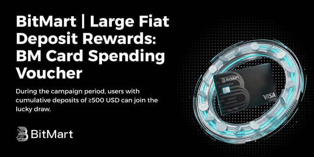 A BitMart promotional banner for 'Large Fiat Deposit Rewards: BM Card Spending Voucher' offering lucky draws for users with cumulative deposits of $500 USD, featuring an image of a black Visa BitMart card.