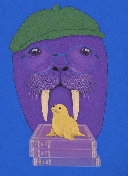 Illustration of a purple walrus wearing a green beret and glasses, sitting behind books titled 'LEDGER LEGEND' with a small yellow seal.