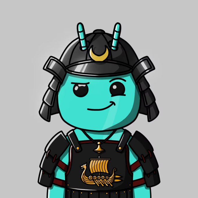 Cartoon illustration of a teal-colored character wearing black samurai armor and a helmet, with a ship emblem on the chest plate.