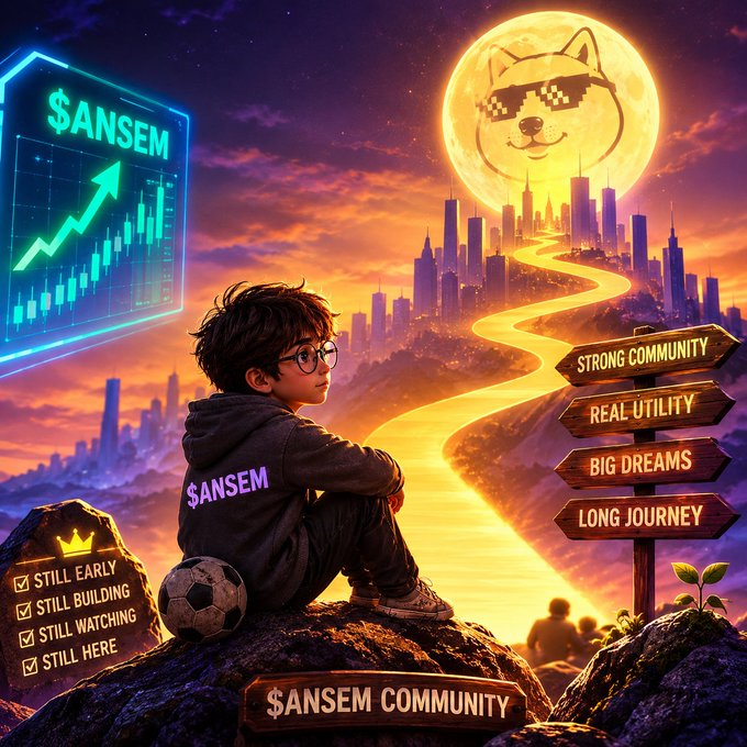 A digital illustration promoting $ANSEM cryptocurrency, featuring a young boy sitting on a rock gazing at a city skyline under a doge moon, with signs reading 'Strong Community,' 'Real Utility,' 'Big Dreams,' and 'Long Journey.'