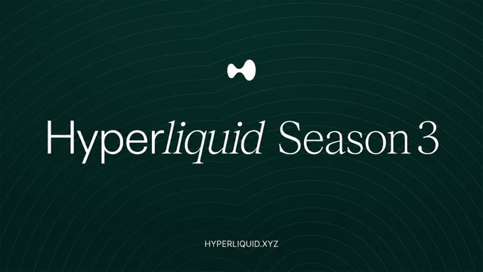 A dark green promotional graphic displays 'Hyperliquid Season 3' in white text with the website HYPERLIQUID.XYZ at the bottom.