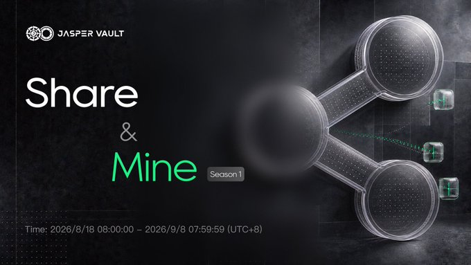 A promotional graphic for Jasper Vault's 'Share & Mine Season 1' event, running from 2026/8/18 08:00:00 to 2026/9/8 07:59:59 (UTC+8).