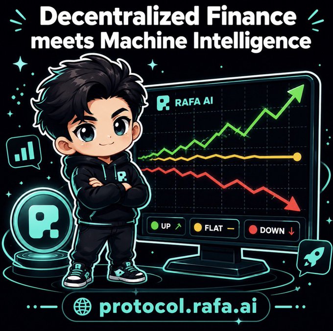 The image features a cartoon boy standing next to a computer monitor that displays charts of stock prices and cryptocurrency trends. There are also several other symbols associated with the cryptocurrency world, such as dollar signs, and an envelope for "protocolla". Based on this visual information, it seems like RFA AI is being used to provide real-time analysis, risk monitoring, and portfolio alerts related to stocks and crypto markets. The post suggests that using token could be a way of accessing this service, and emphasizes the presence of multiple agents working together in a multi-agent architecture for better performance and efficiency compared to traditional chatbots or single agents.