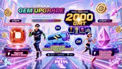 Promotional graphic for a 'GEM UPGRADE CHALLENGE' offering 2000 GMT tokens, featuring cartoon characters in a futuristic game setting.