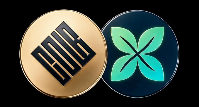 A gold "COLB" coin beside a dark blue circular emblem featuring a glowing green four-leaf design, representing Colb's new partnership with Crossmint to deliver secure embedded wallets and a streamlined, user-friendly experience in tokenized finance.