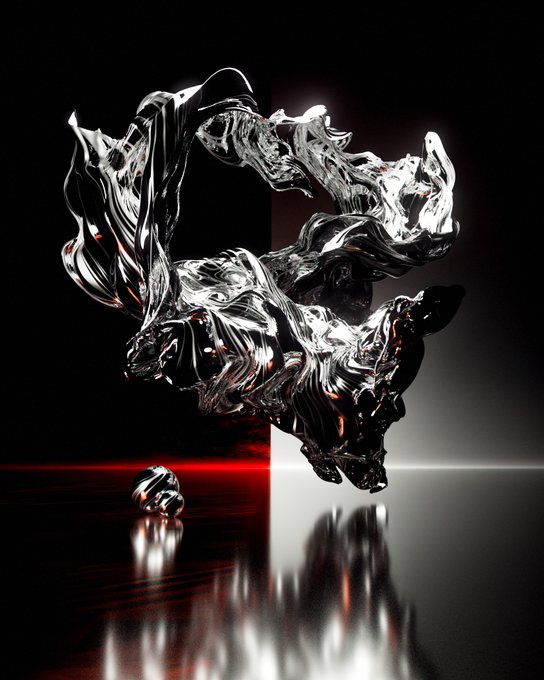An abstract digital artwork featuring a glossy, reflective black liquid-like sculpture floating against a dark background, with a smaller metallic sphere resting on a reflective floor below.