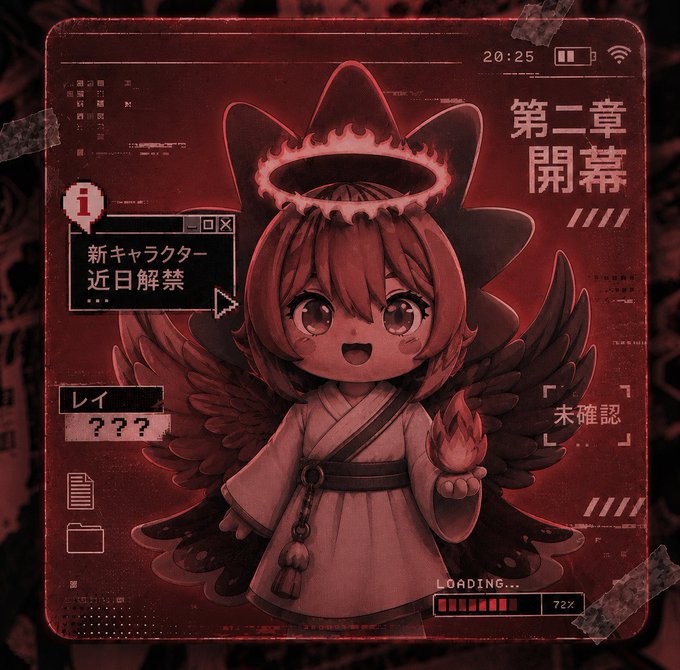 An anime-style character chibi illustration in red tones with a halo and wings, featuring Japanese text including '第二章 開幕' (Chapter 2 Begins) and a loading bar at 72%.