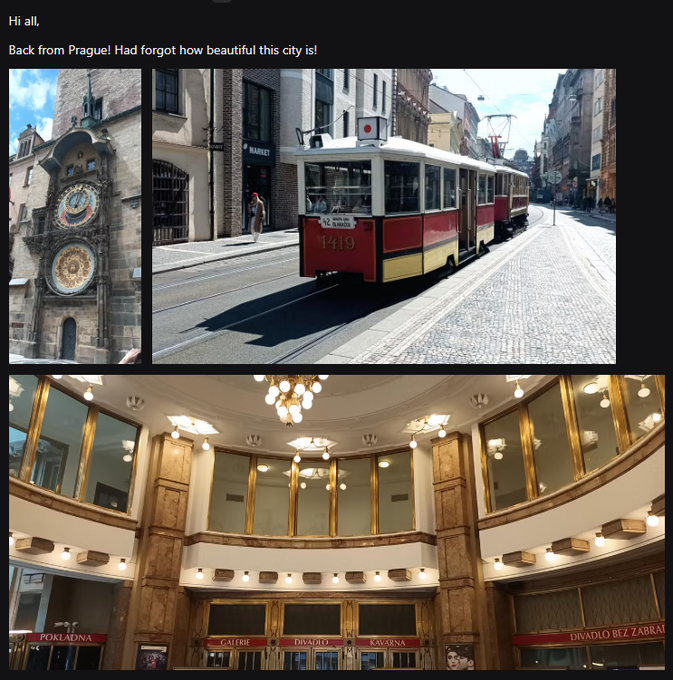 The image shows two photos of a city scene, with one photo featuring an old-fashioned tram traveling down a street next to a tall building, while the other photo depicts a modern train station with a clock tower. The text in the image reads "Back from Prague how beautiful this city is", which suggests that the viewer might be interested in exploring the city's history and architecture.