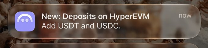 A notification banner reading 'New: Deposits on HyperEVM - Add USDT and USDC' marked as 'now'.