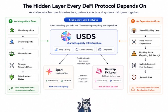 An infographic titled 'The Hidden Layer Every DeFi Protocol Depends On' explaining how stablecoins like USDS function as shared liquidity infrastructure, showing integrations feeding into USDS, which then provides liquidity to protocols like Spark (Lending & Yield) and Uniswap FX Layer (Stablecoin Exchange Layer).