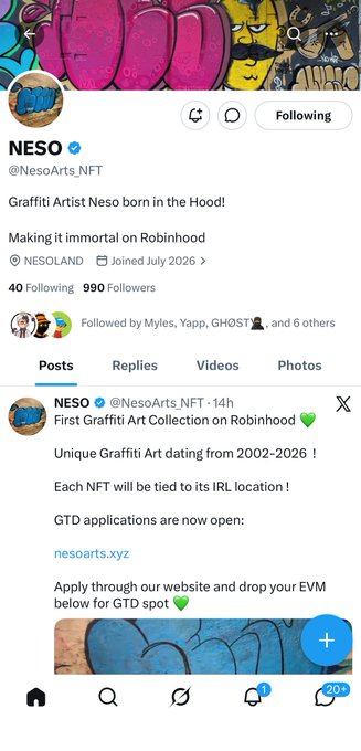 A social media profile for NESO (@NesoArts_NFT), a graffiti artist, announcing their first graffiti art collection on Robinhood with GTD applications open at nesoarts.xyz.