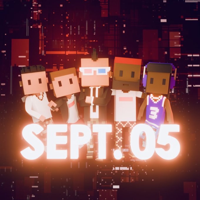 A promotional image showing five blocky, voxel-style characters standing together with the glowing text 'SEPT.05' overlaid on a dark, glitchy background.