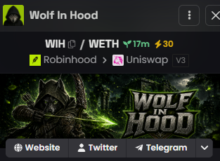 A screenshot of a cryptocurrency project page for 'Wolf In Hood' featuring the token ticker 'WIH', priced at '17m', available on Robinhood and Uniswap v3.