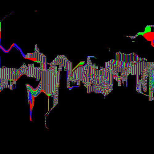 A heavily glitched and pixelated image featuring distorted colorful lines and shapes, making the text largely illegible.