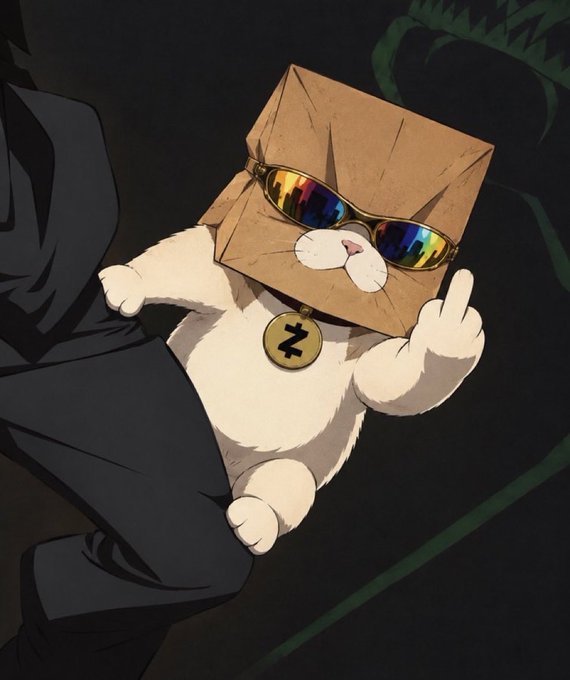 A cartoon white cat wearing a brown paper bag over its head with rainbow sunglasses and a "$Z" tag hangs from a suit pocket while giving a middle finger, matching the post's irreverent theme of $ZCAT crypto artwork selling for $10.