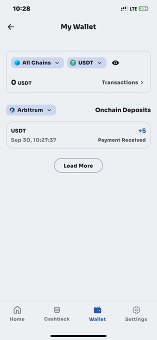 A mobile app screenshot of a 'My Wallet' interface showing a balance of 0 USDT with an option for 'All Chains', displaying a recent +5 USDT payment received via Arbitrum on Sep 30.