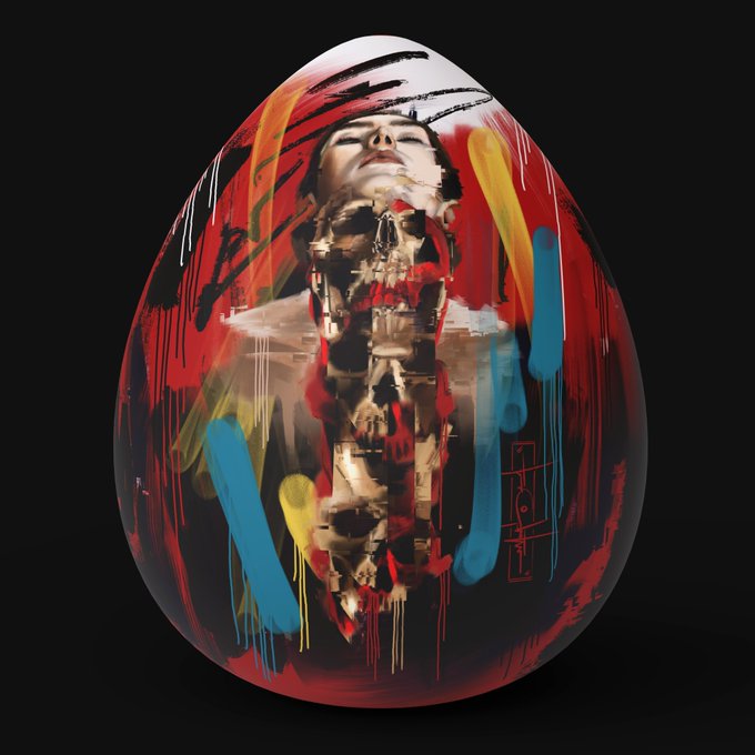 A surreal digital artwork of an egg-shaped form containing a figure with a serene face and red/black abstract brushstrokes.
