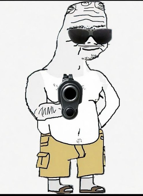 A crudely drawn cartoon figure with a wide grin, wearing dark sunglasses and tan cargo shorts, points a handgun directly at the viewer.