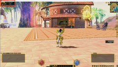 A screenshot of a video game showing a character standing on a wooden platform in front of a building with Asian-style architecture.