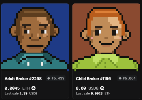 Two pixel-art character profile cards labeled 'Adult Broker #2298' priced at 0.0045 ETH and 'Child Broker #1196' priced at 8.00 USDG, both showing diamond counts and last sale prices.