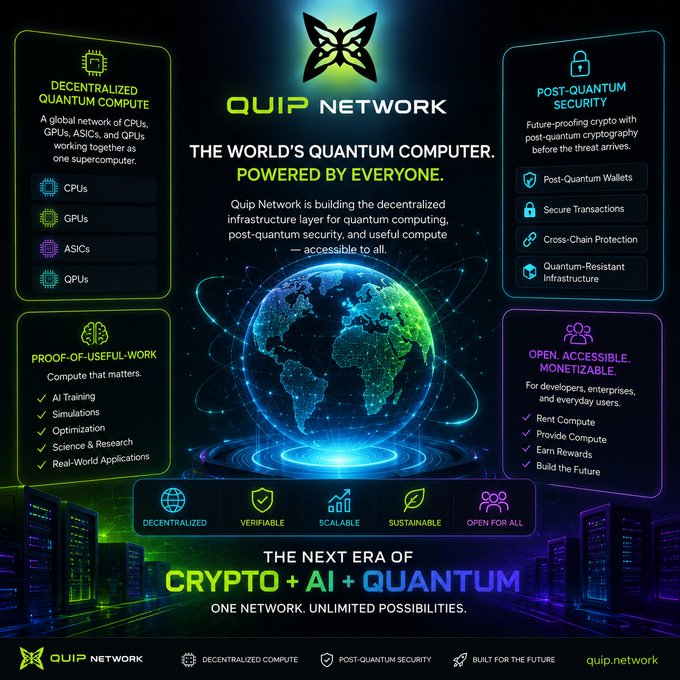 The image features a large globe with a blue border, surrounded by various text boxes containing information about Quantum computing. The main focus of the image is the concept of "Quantum computing", which is being promoted as the next era of computing technology. The text in the image emphasizes that this new era will be accessible to everyone and highlights the potential benefits it offers for developers, enterprises, and everyday users alike.

The post also mentions a network called Quip Network, which is responsible for building infrastructure that turns Quantum computing into something usable by people. This network aims to make quantum computing more accessible and user-friendly, allowing anyone with an interest in this technology to benefit from it. The image includes several icons related to the concept of Quantum computing, such as a computer screen and a keyboard, further reinforcing the idea that this is a new era of computing technology.