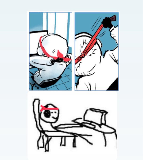 A three-panel comic strip featuring a cartoon character in various scenes: wearing a red headband, holding a red object, and sitting at a table.