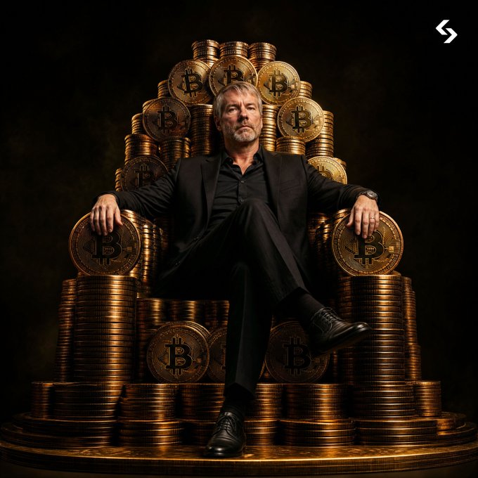 A distinguished man in a black suit sits confidently on a throne constructed of gold Bitcoin tokens featuring the "₿" symbol, embodying the wealth and leverage of $BTC and $MSTR as the post highlights how the latter amplifies the cryptocurrency's pivotal moves.