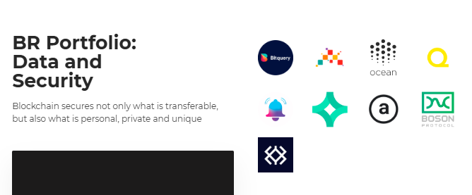 A presentation slide titled 'BR Portfolio: Data and Security' displays the tagline 'Blockchain secures not only what is transferable, but also what is personal, private and unique' alongside logos for BQuery, Ocean, Boson Protocol, and others.