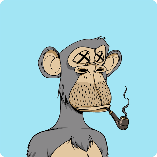 A cartoon illustration of a Bored Ape-style monkey with X's for eyes and a smoking pipe in its mouth, set against a light blue background.