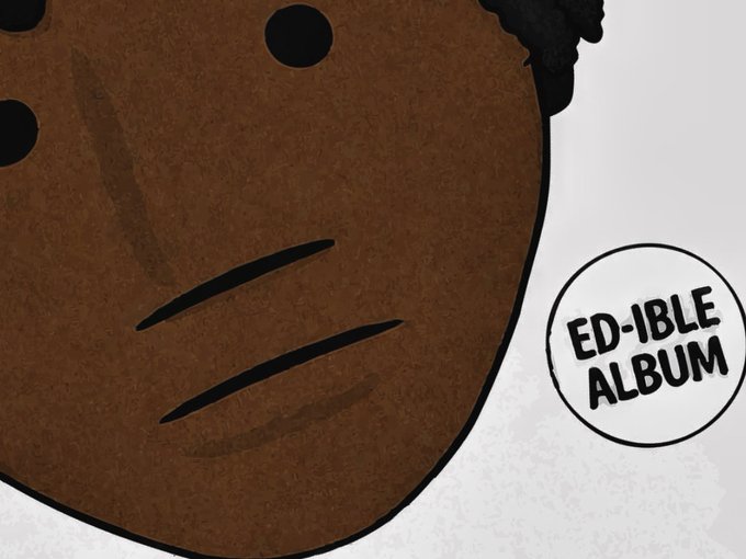 A close-up illustration of a brown cookie with a bite taken out, accompanied by a circular badge labeled 'ED-IBLE ALBUM'.