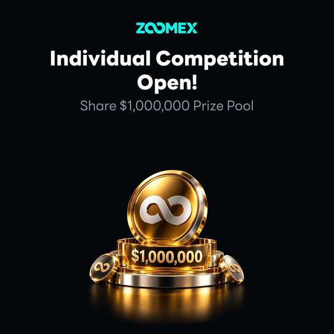 A promotional advertisement for ZOOMEX featuring 'Individual Competition Open! Share $1,000,000 Prize Pool' text above an image of a gold coin with the ZOOMEX logo and stacked coins reading '$1,000,000.'