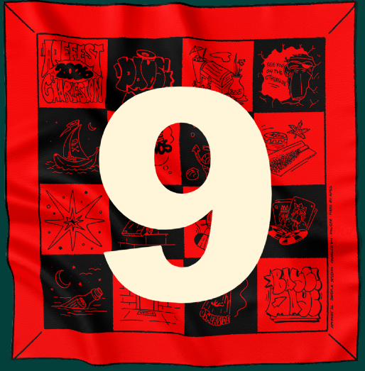 A red bandana with black illustrated panels featuring occult and nautical imagery, overlaid with a large white number '9'.