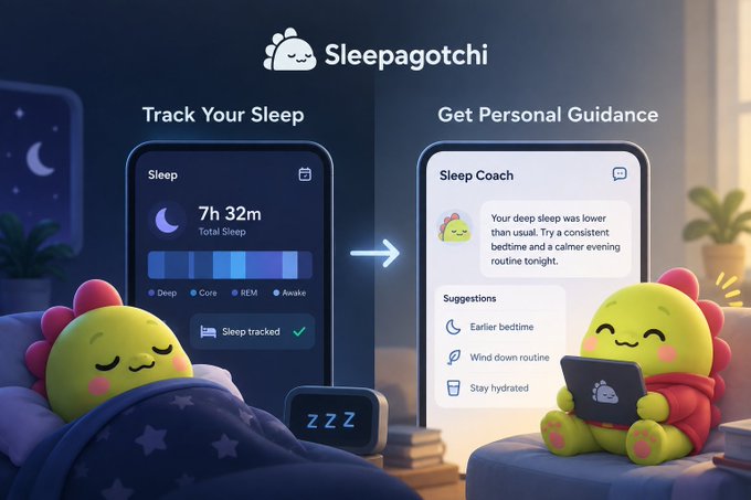 An app advertisement for "Sleepagotchi" showing a green dinosaur-like character sleeping in a bed on the left next to a phone displaying sleep tracking data (7h 32m Total Sleep), and on the right the same character awake with a phone showing a "Sleep Coach" chat with personalized guidance and suggestions.