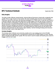 A financial analysis webpage titled 'BTC Technical Outlook' dated September 18th, with 'crypto.news' at the top, showing text analysis and a downward-trending Bitcoin price chart.