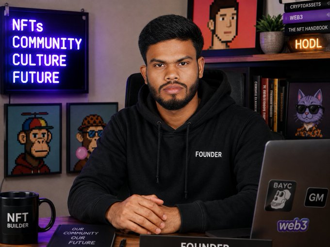 A man wearing a 'FOUNDER' hoodie sitting in front of a laptop, with a neon sign reading 'NFTs COMMUNITY CULTURE FUTURE' behind him, alongside NFT-related artwork and books.
