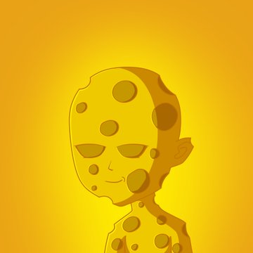 A golden, minimalist illustration of a bald character with circular spots on their skin against a yellow background.