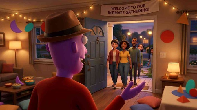 A man in a fedora greets guests arriving at his home, where a banner reads "WELCOME TO OUR INTIMATE GATHERING!" The scene illustrates the post's message about community being about genuine human connection rather than just branding or marketing, as real people literally show up at someone's door.