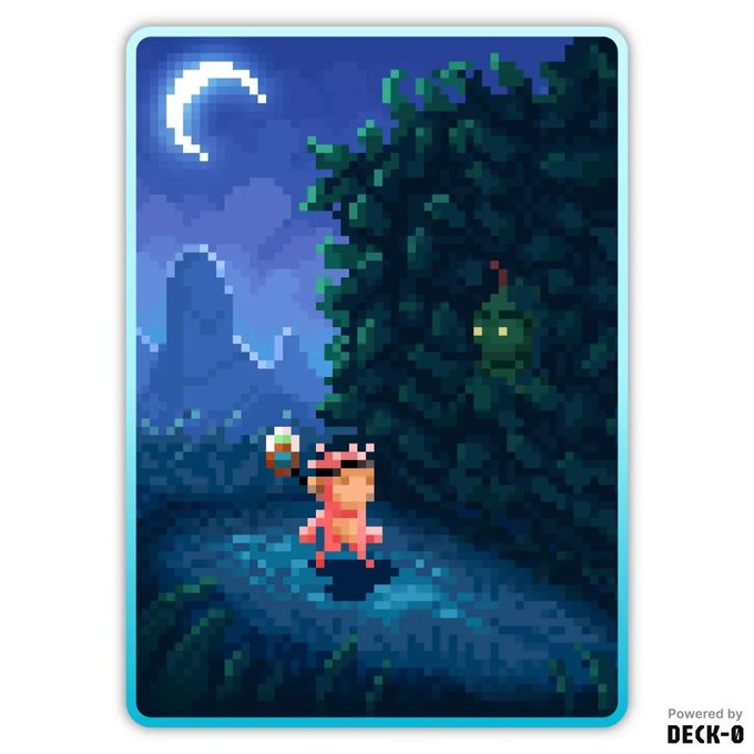 Pixel art illustration of a small pink character holding a drink, standing in a nighttime forest scene with a crescent moon and a green creature peering from a tree, powered by DECK-O.