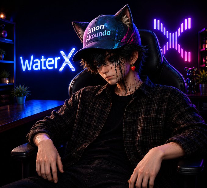 An anime-style digital artwork of a character with cat ears wearing a cap labeled 'Emon Akoundo', sitting in a gaming chair with neon 'waterX' signage in the background.