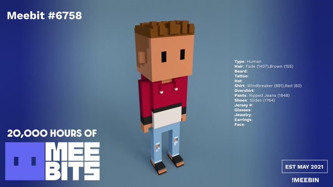 A Meebit #6758 NFT character displayed with detailed trait attributes (Human, Fade Brown, Windbreaker Red, Ripped Jeans) against a blue background, labeled '20,000 HOURS OF MEEBITS' and 'EST MAY 2021'.