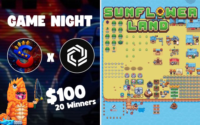 Promotional graphic for a “GAME NIGHT” featuring @0xSunflowerLand x @SanctuaryDen, showing a Sunflower Land farm scene and announcing a $100 USDC prize pool for 20 winners of $5 each. It serves as a reminder to follow and join the game’s Discord before the event begins.