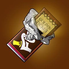 An illustration of a rectangular chocolate bar with a bite taken out of the top corner, revealing a golden interior labeled 'GOLDEN TICKET' against a brown gradient background.