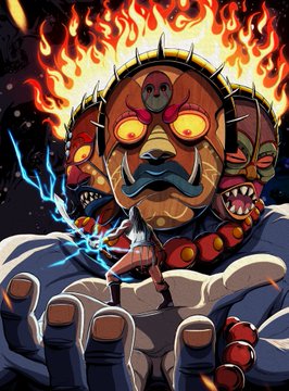 A vibrant digital illustration depicts a multi-faced, masked demon-like figure with glowing orange eyes and a spiked helmet, surrounded by flames and emanating blue lightning.