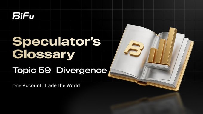 A promotional graphic for BiFu titled "Speculator's Glossary, Topic 59 Divergence" featuring a 3D book with gold bars and a 'B' letter.