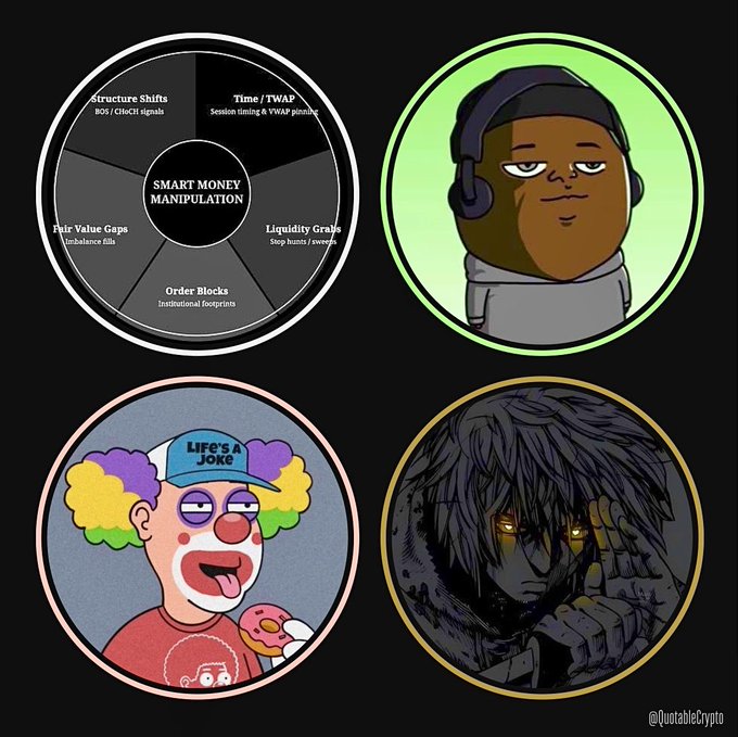 Four circular graphics featuring: a 'SMART MONEY MANIPULATION' diagram listing 'Structure Shifts', 'Time / TWAP', 'Liquidity Grabs', 'Order Blocks', and 'Fair Value Gaps'; a cartoon character with headphones; a clown figure with 'LIFE'S A JOKE' hat holding a donut; and an anime-style character with glowing eyes. Watermarked '@QuotableCrypto'.