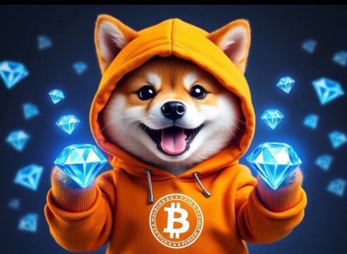 The image features a brown and white dog wearing an orange hoodie with the word "bitcoin" printed on it, surrounded by blue diamonds. The dog appears to be holding two blue diamonds in its paws while standing against a black background. The caption of the image reads "When you finally let go of the past, something better comes along #Bitcoin #Runes #Solana".