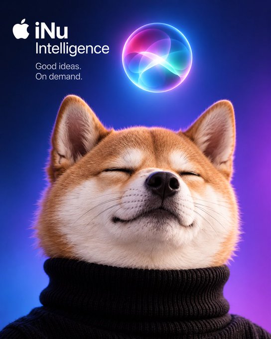 A serene Shiba Inu dog with eyes closed, wearing a black turtleneck, appears beneath a glowing Siri-style orb and the text "iNu Intelligence - Good ideas. On demand." — cleverly rebranding the Apple Intelligence logo to promote the $INU meme token referenced in the post's tagline about smart accumulation.