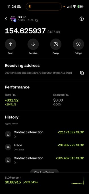 A mobile screenshot of a crypto wallet showing a $SLOP token balance of 154.625937 (worth $137.48) with a total PnL of +$31.32 (+29.51%) and a current price of $0.88915 (+339.84%)—suggesting the user is holding a volatile, recently-pumped memecoin they're about to sell off ("burn").