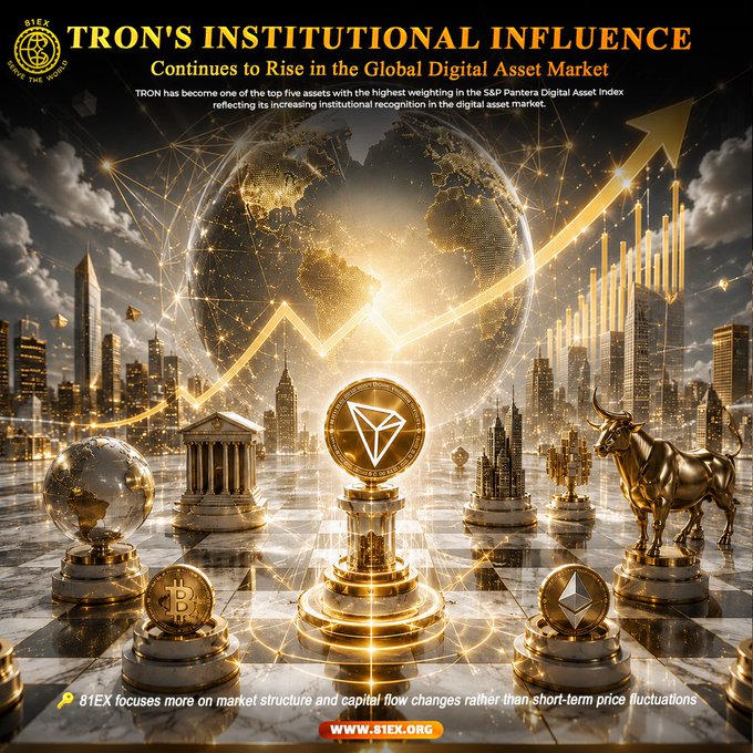 A golden promotional graphic titled "TRON'S INSTITUTIONAL INFLUENCE Continues to Rise in the Global Digital Asset Market" features a glowing TRON coin at its center, surrounded by cryptocurrency trophies (Bitcoin, Ethereum), a bull statue, a globe, and an upward-rising trend line over a cityscape backdrop, visually reinforcing TRON's growing institutional recognition and its top-five weighting in the S&P Pantera Digital Asset Index.
