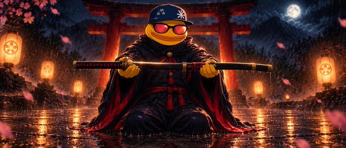 An AI-generated illustration of a ninja-like figure wearing a yellow cap with Chinese characters and red sunglasses, holding a katana in front of a Japanese torii gate with falling cherry blossoms.